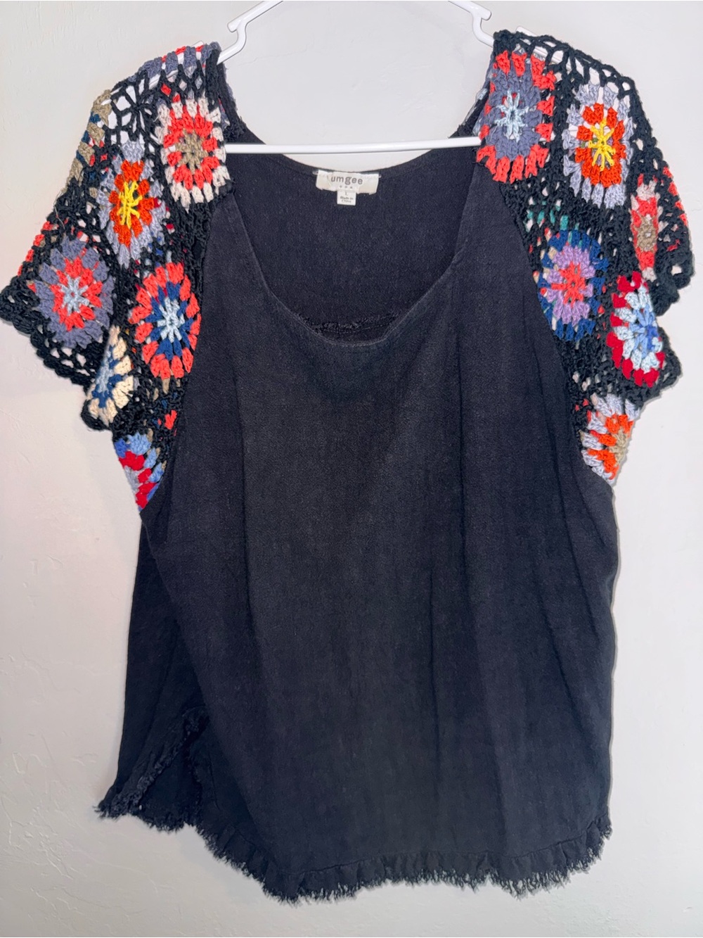 Umgee Black Top with Multicolor Crochet Cap Sleeves